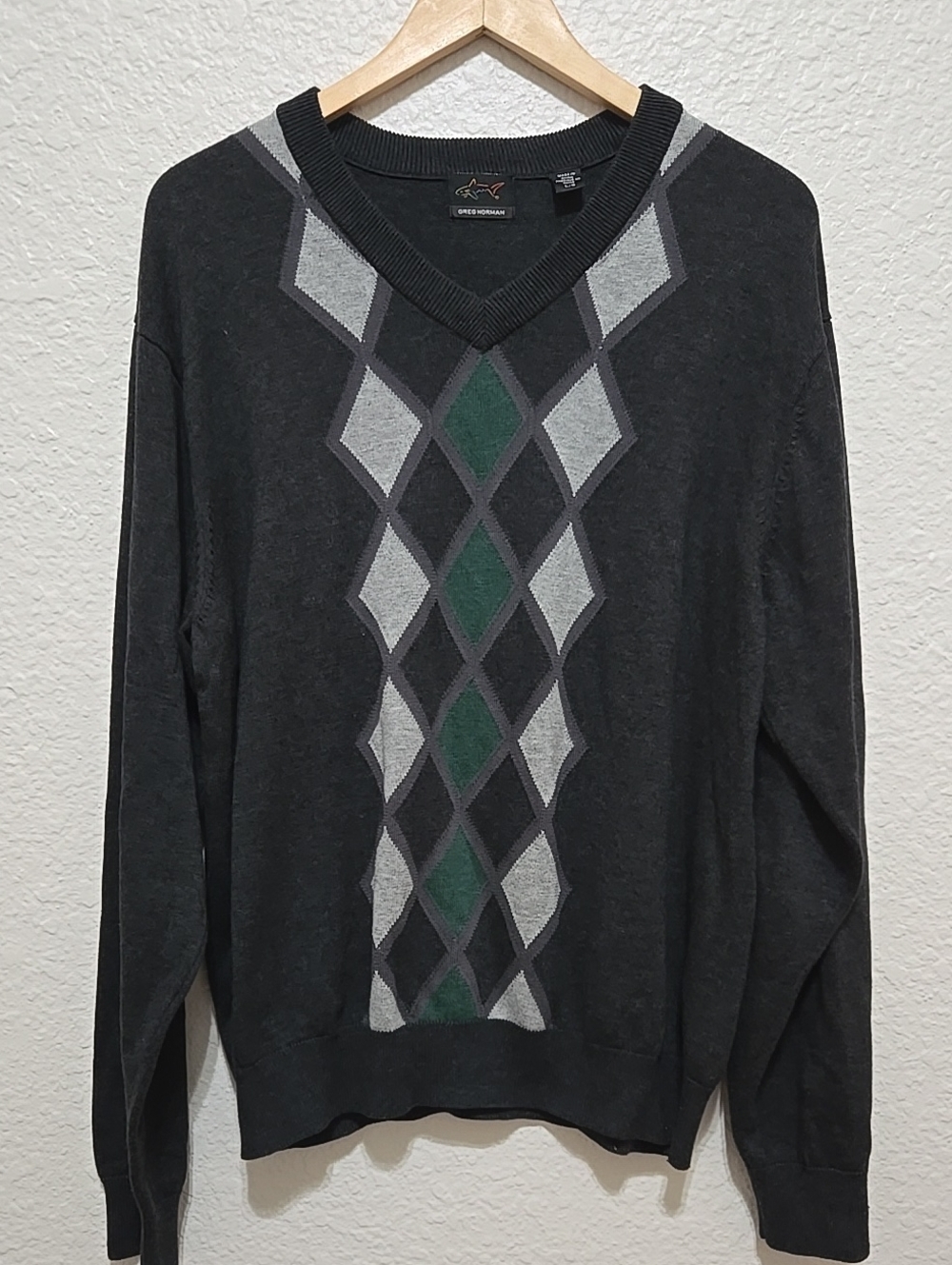 Greg Norman Collection Pima Cotton & Modal Blend Charcoal V-Neck Argyle Sweater